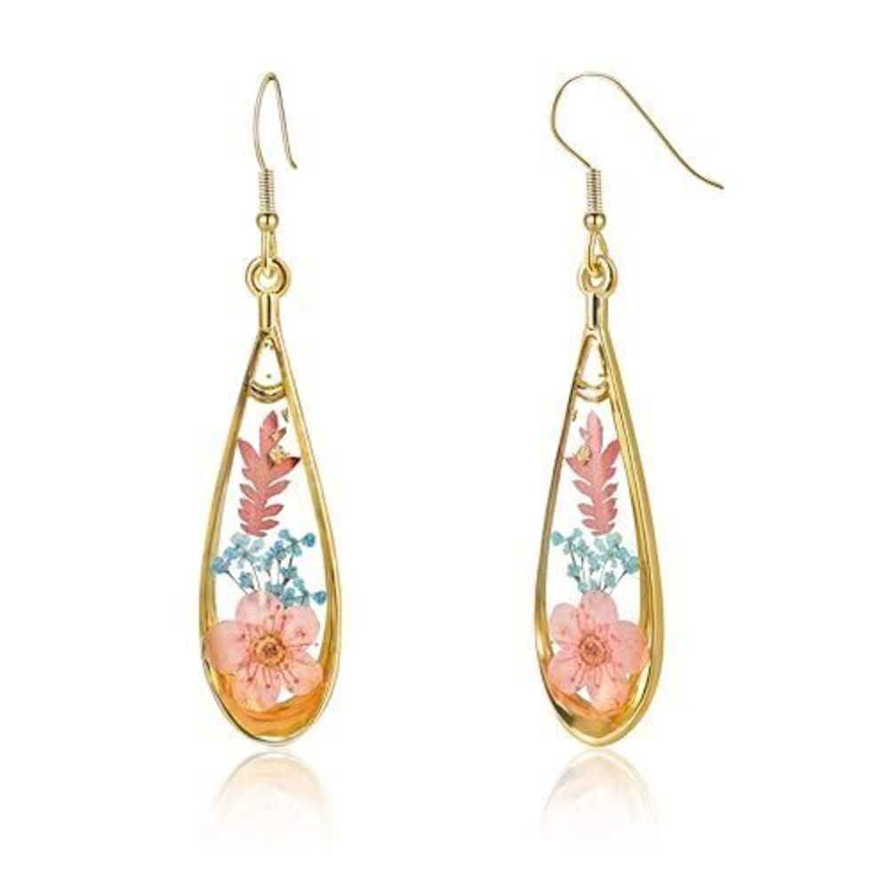 4908 18K Gold Plated Foil & Flower Dangle Drop Earrings , Hypoallergenic